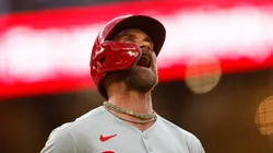 Bryce Harper #3 of the Philadelphia Phillies screams after flying out in the fourth inning against the Colorado Rockies at Coors Field on May 21, 2025 in Denver, Colorado.