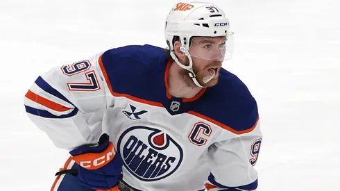 Connor McDavid #97 of the Edmonton Oilers skates with the puck against the Dallas Stars during the first period in Game One of the Western Conference Final of the 2025 Stanley Cup Playoffs at American Airlines Center on May 21, 2025 in Dallas, Texas.