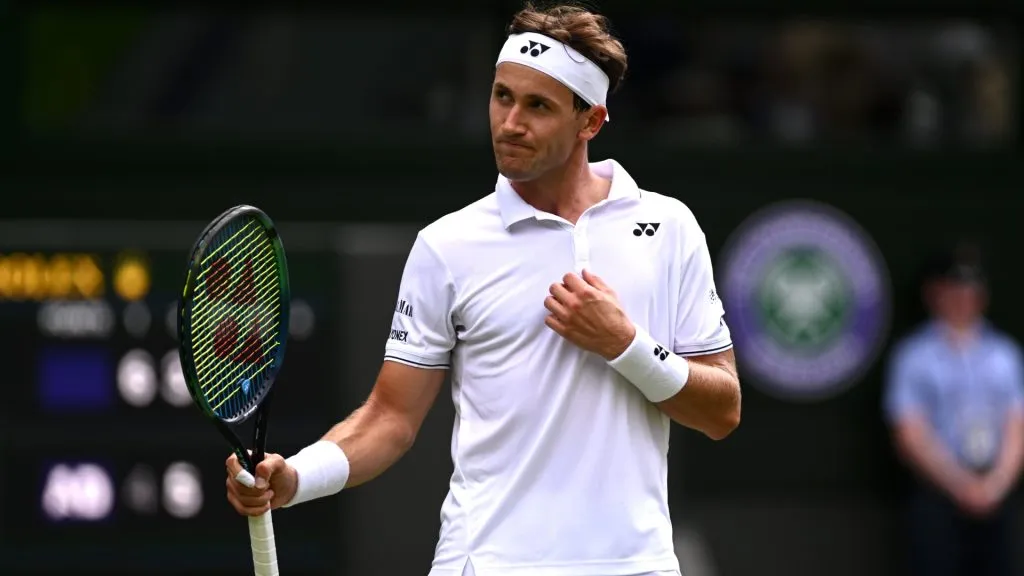 Casper Ruud of Norway celebrates against Liam Broady of Great Britain in the Men’s Singles second round match during day four of The Championships Wimbledon 2023. (Source: Mike Hewitt/Getty Images)