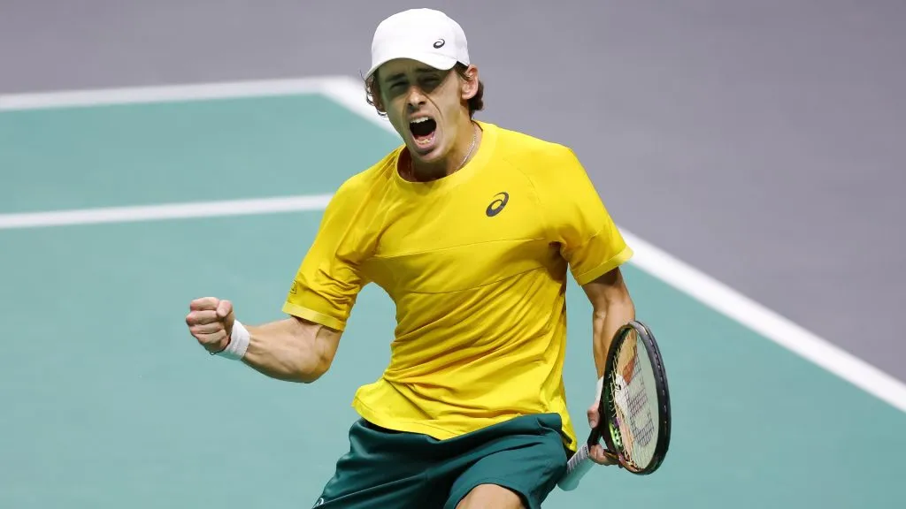 Alex de Minaur celebrates after winning the singles match against Ugo Humbert of Team France point during the Davis Cup Finals Group Stage match in 2023. (Source: Matt McNulty/Getty Images for ITF)
