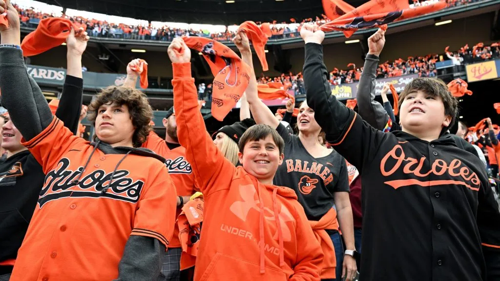 Fans cheer during Game Two of the Division Series between the Baltimore Orioles and the Texas Rangers at Oriole Park at Camden Yards on October 08, 2023. (Source: Greg Fiume/Getty Images)