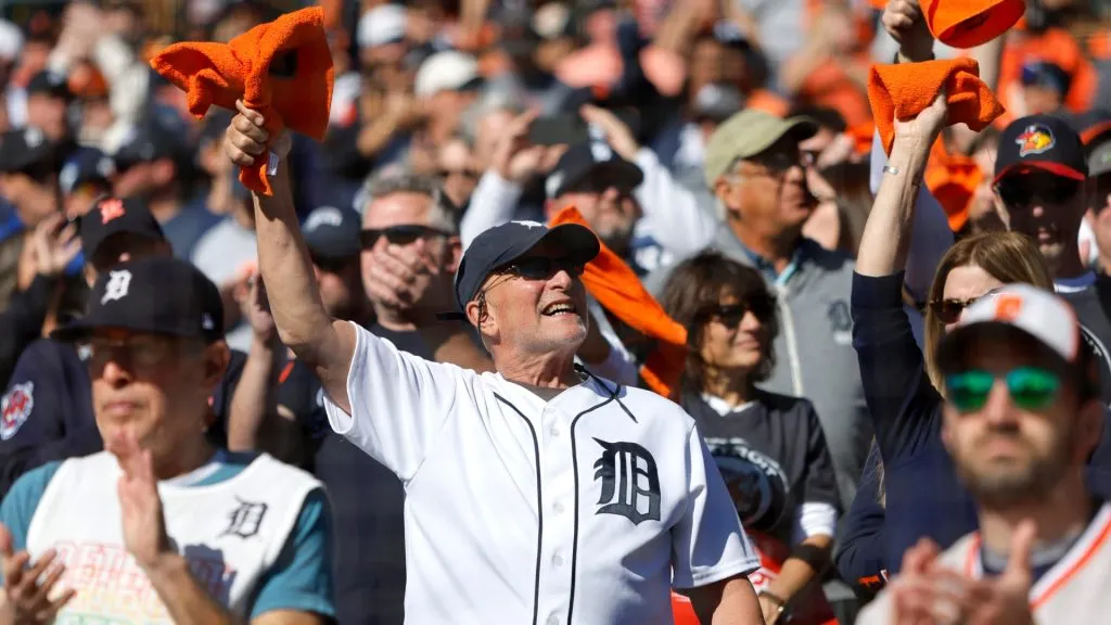 Fans cheer during introductions in Game Three of the Division Series between the Detroit Tigers and the Cleveland Guardians at Comerica Park on October 09, 2024. (Source: Duane Burleson/Getty Images)