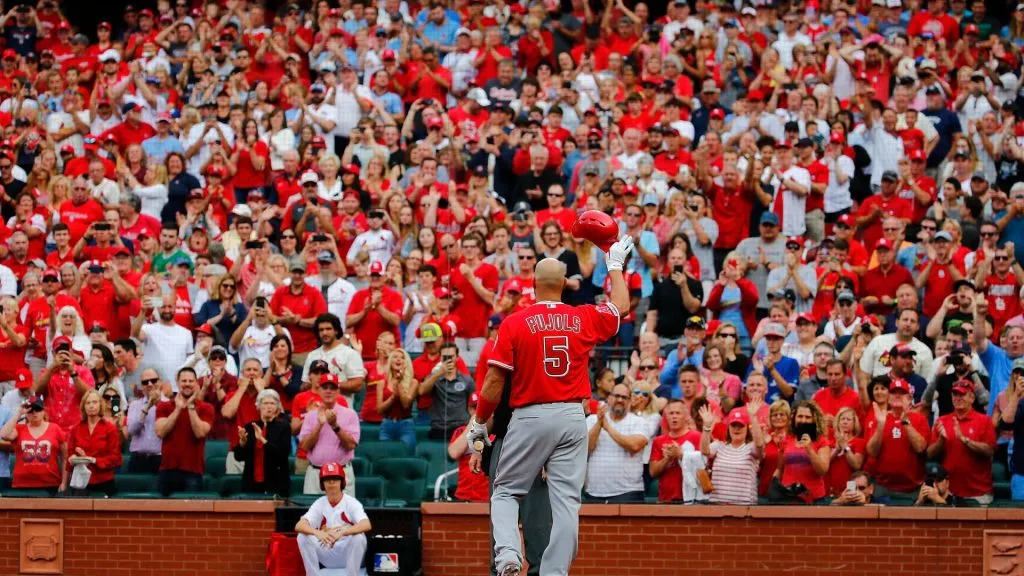 Albert Pujols #5 of the Los Angeles Angels of Anaheim acknowledges a standing ovation from the fans prior to batting against the St. Louis Cardinals at Busch Stadium on June 23, 2019. (Source: Dilip Vishwanat/Getty Images)