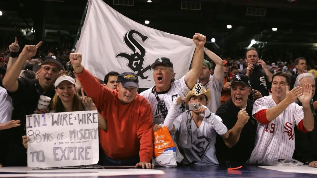 Fans of the Chicago White Sox celebrate their team winning Game Four of the 2005 Major League Baseball World Series against the Houston Astros. (Source: Elsa/Getty Images)