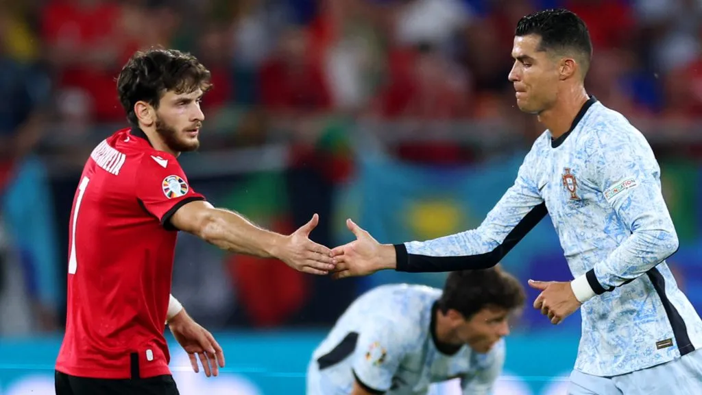 Cristiano Ronaldo of Portugal shakes hands with Khvicha Kvaratskhelia of Georgia as he is substituted off during the UEFA EURO 2024. (Kevin C. Cox/Getty Images)
