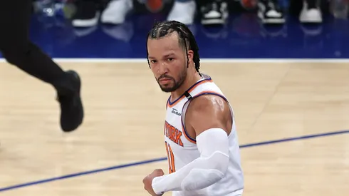 Jalen Brunson #11 of the New York Knicks reacts during the third quarter against the Indiana Pacers in Game One of the Eastern Conference Finals of the 2025 NBA Playoffs at Madison Square Garden