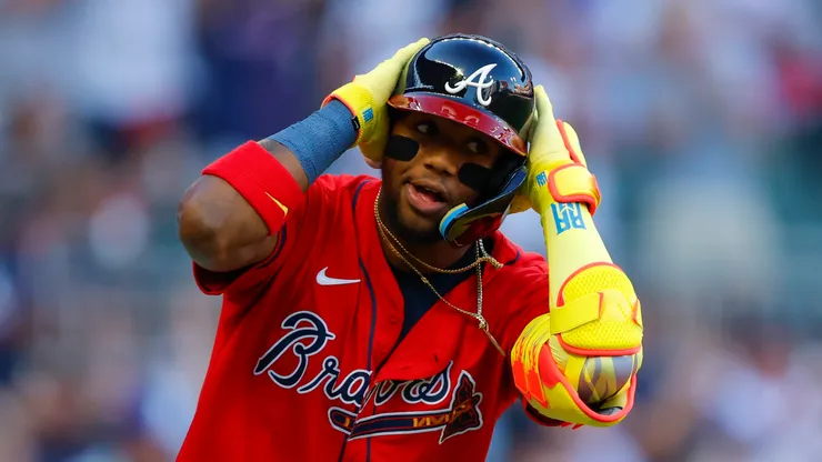 Ronald Acuna Jr. #13 of the Atlanta Braves reacts after hitting a lead off home run during the first inning against the San Diego Padres at Truist Park on May 23, 2025 in Atlanta, Georgia.