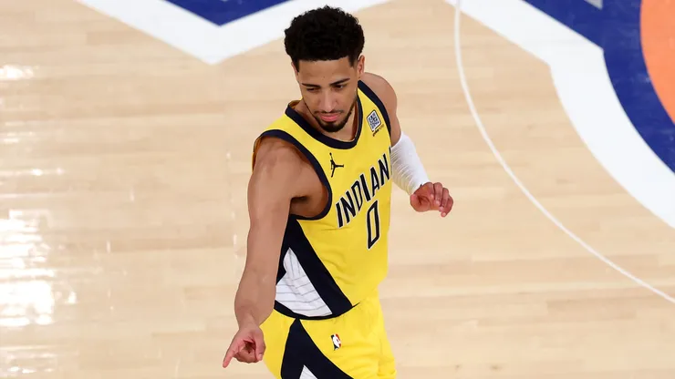 Tyrese Haliburton #0 of the Indiana Pacers celebrates a three point basket against the New York Knicks during the fourth quarter in Game Two of the Eastern Conference Finals of the 2025 NBA Playoffs at Madison Square Garden on May 23, 2025 in New York City.