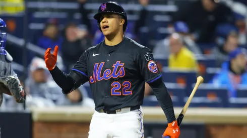 Juan Soto #22 of the New York Mets reacts after striking out looking in the sixth inning against the Los Angeles Dodgers at Citi Field on May 23, 2025 in New York City.