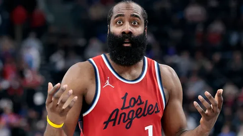 James Harden #1 of the LA Clippers reacts during play against the San Antonio Spurs in the first half at Intuit Dome on April 08, 2025 in Inglewood, California.