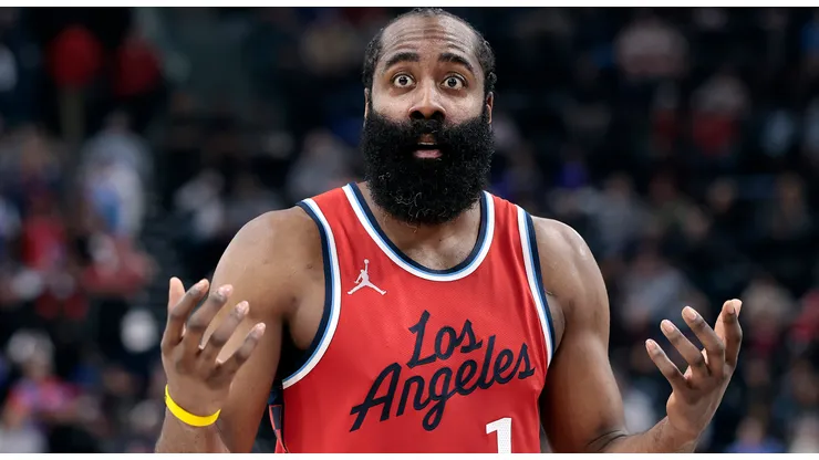 James Harden #1 of the LA Clippers reacts during play against the San Antonio Spurs in the first half at Intuit Dome on April 08, 2025 in Inglewood, California.