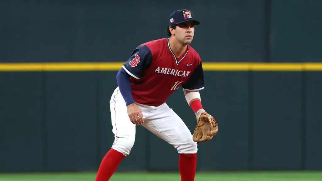 Marcelo Mayer #10 of the Boston Red Sox looks on during the fifth inning of the All-Star Futures Game at Globe Life Field