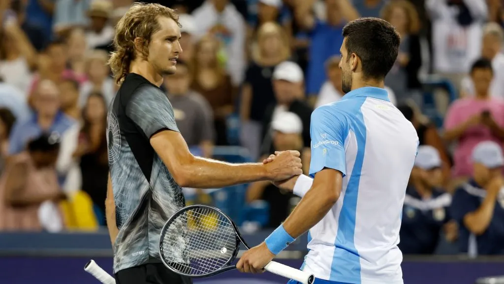 Alexander Zverev of Germany congratulates Novak Djokovic of Serbia after the Cincinnati Open semifinal. (Kirk Irwin/Getty Images)