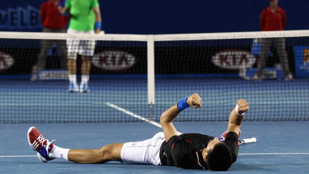 Novak Djokovic of Serbia celebrates winning championship point against Rafael Nadal in the 2012 Australian Open final. (Ryan Pierse-Pool/Getty Images)