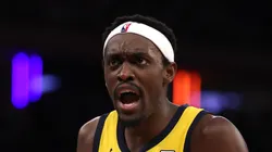 Pascal Siakam #43 of the Indiana Pacers reacts against the New York Knicks during the fourth quarter in Game Two of the Eastern Conference Finals of the 2025 NBA Playoffs