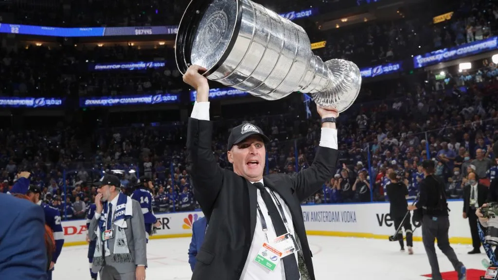 Mathieu Darche of the Tampa Bay Lightning celebrates with the Stanley Cup following the victory over the Montreal Canadiens in Game Five of the 2021 NHL Stanley Cup Final