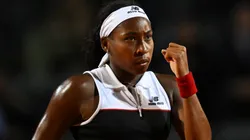 Coco Gauff of United States celebrates after winning a point against Qinwen Zheng during the Rome Open.