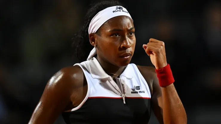Coco Gauff of United States celebrates after winning a point against Qinwen Zheng during the Rome Open.
