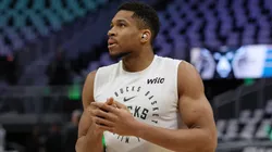 Milwaukee Bucks forward Giannis Antetokounmpo #34 warms up before Game Four of the Eastern Conference First Round NBA Playoffs against the Indiana Pacers at Fiserv Forum on April 27, 2025 in Milwaukee, Wisconsin.