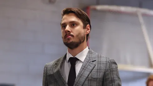 Sebastian Aho #20 of the Carolina Hurricanes arrives prior to Game Three of the Eastern Conference Final of the 2025 Stanley Cup Playoffs against the Florida Panthers at Amerant Bank Arena on May 24, 2025 in Sunrise, Florida.