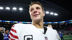 Brock Purdy #13 of the San Francisco 49ers reacts after defeating the Seattle Seahawks 36-24 at Lumen Field on October 10, 2024 in Seattle, Washington.