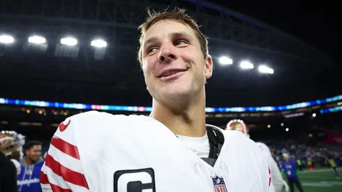 Brock Purdy #13 of the San Francisco 49ers reacts after defeating the Seattle Seahawks 36-24 at Lumen Field on October 10, 2024 in Seattle, Washington.