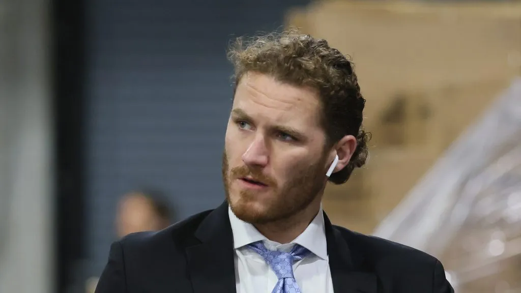 Matthew Tkachuk #19 of the Florida Panthers arrives to play against the Carolina Hurricanes in Game Two of the Eastern Conference Final of the 2025 Stanley Cup Playoffs at Lenovo Center on May 22, 2025 in Raleigh, North Carolina.