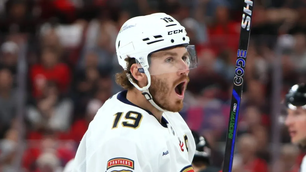 Matthew Tkachuk #19 of the Florida Panthers reacts during the first period against the Carolina Hurricanes in Game Two of the Eastern Conference Final of the 2025 Stanley Cup Playoffs at Lenovo Center on May 22, 2025 in Raleigh, North Carolina