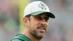 Aaron Rodgers looks on before a preseason game against the New Orleans Saints at Lambeau Field on August 19, 2022 in Green Bay, Wisconsin.