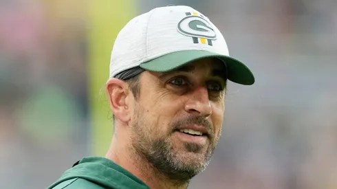 Aaron Rodgers looks on before a preseason game against the New Orleans Saints at Lambeau Field on August 19, 2022 in Green Bay, Wisconsin.