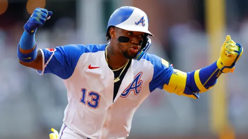 Ronald Acuna Jr. #13 of the Atlanta Braves reacts after hitting a two run home run during the sixth inning against the San Diego Padres at Truist Park on May 24, 2025 in Atlanta, Georgia.