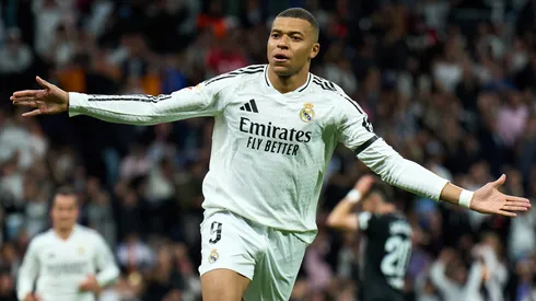 Kylian Mbappe of Real Madrid celebrates after scoring his team's first goal during the LaLiga match between Real Madrid CF and CD Leganes at Estadio Santiago Bernabeu on March 29, 2025 in Madrid, Spain.