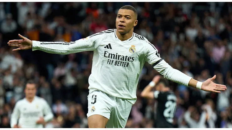 Kylian Mbappe of Real Madrid celebrates after scoring his team's first goal during the LaLiga match between Real Madrid CF and CD Leganes at Estadio Santiago Bernabeu on March 29, 2025 in Madrid, Spain.