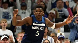 Anthony Edwards #5 of the Minnesota Timberwolves reacts against the Oklahoma City Thunder during the first quarter in Game Three of the Western Conference Finals