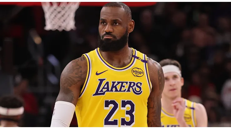 LeBron James #23 of the Los Angeles Lakers reacts against the Chicago Bulls.