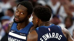 Anthony Edwards #5 of the Minnesota Timberwolves talks with Julius Randle #30 against the Oklahoma City Thunder during the first quarter in Game Three of the Western Conference Finals