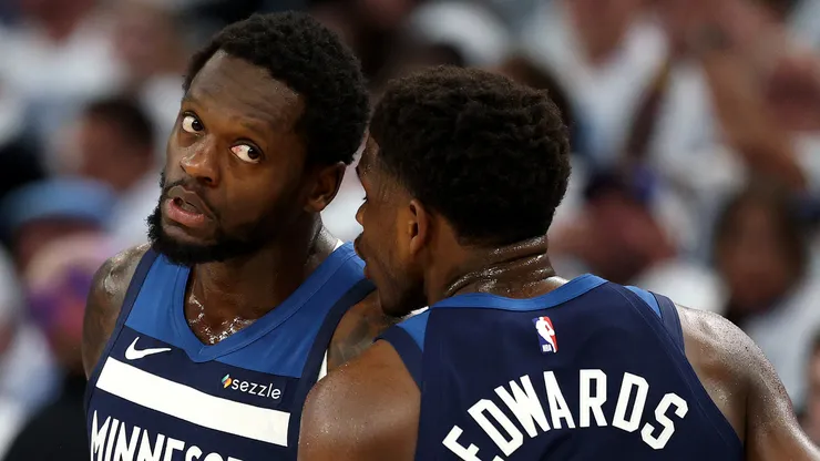 Anthony Edwards #5 of the Minnesota Timberwolves talks with Julius Randle #30 against the Oklahoma City Thunder during the first quarter in Game Three of the Western Conference Finals