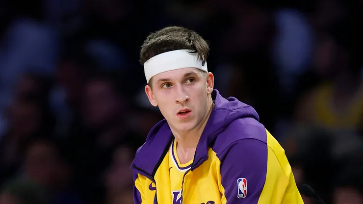 Austin Reaves #15 of the Los Angeles Lakers waits at the scorer's desk during a 103-96 loss to the Minnesota Timberwolves in Game Five of the Western Conference First Round NBA Playoffs