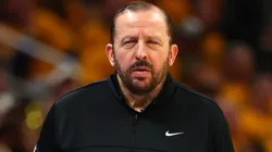 Head coach Tom Thibodeau of the New York Knicks reacts against the Indiana Pacers during the fourth quarter in Game Three of the Eastern Conference Finals of the 2025 NBA Playoffs at Gainbridge Fieldhouse on May 25, 2025 in Indianapolis, Indiana.