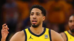Tyrese Haliburton #0 of the Indiana Pacers reacts against the New York Knicks during the second quarter in Game Three of the Eastern Conference Finals of the 2025 NBA Playoffs