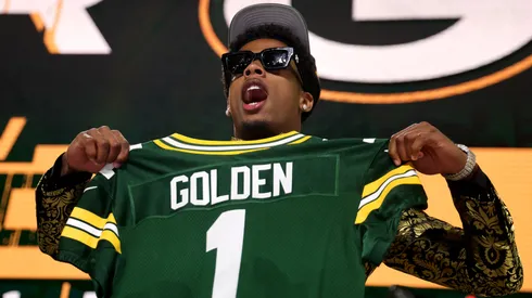Wide Receiver Matthew Golden of Texas celebrates after being selected twenty-third overall pick by the Green Bay Packers during the first round of the 2025 NFL Draft at Lambeau Field on April 24, 2025 in Green Bay, Wisconsin.