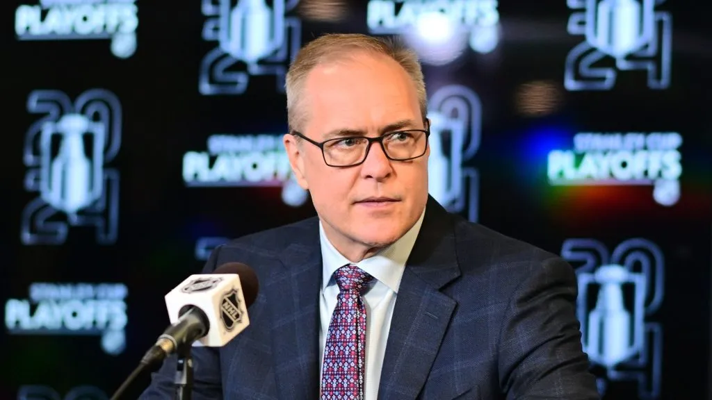 Head coach Paul Maurice of the Florida Panthers answers questions at a press conference after a 5-3 win over the Tampa Bay Lightning in Game Three of the First Round of the 2024 Stanley Cup Playoffs at Amalie Arena on April 25, 2024 in Tampa, Florida.