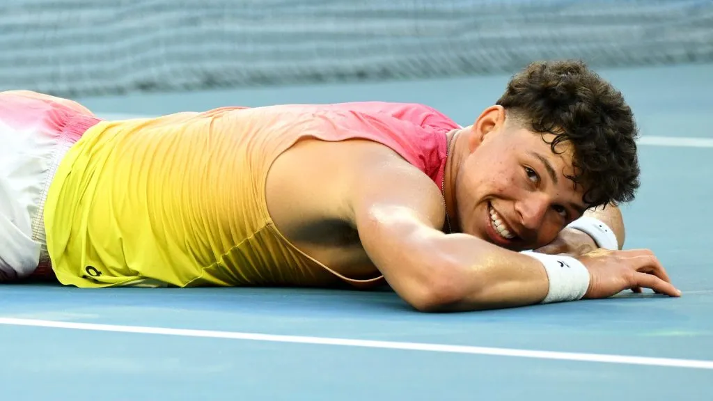 Ben Shelton of the United States reacts on the floor after failing to return a shot against Lorenzo Musetti of Italy in the Men’s Singles Third Round match of the 2025 Australian Open. (Source: Hannah Peters/Getty Images)