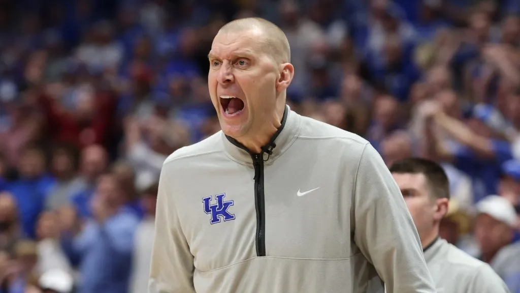 Mark Pope the head coach of the Kentucky Wildcats gives instructions to his team against the Oklahoma Sooners during the SEC Men's Basketball Tournament - First Round at Bridgestone Arena on March 12, 2025 in Nashville, Tennessee.