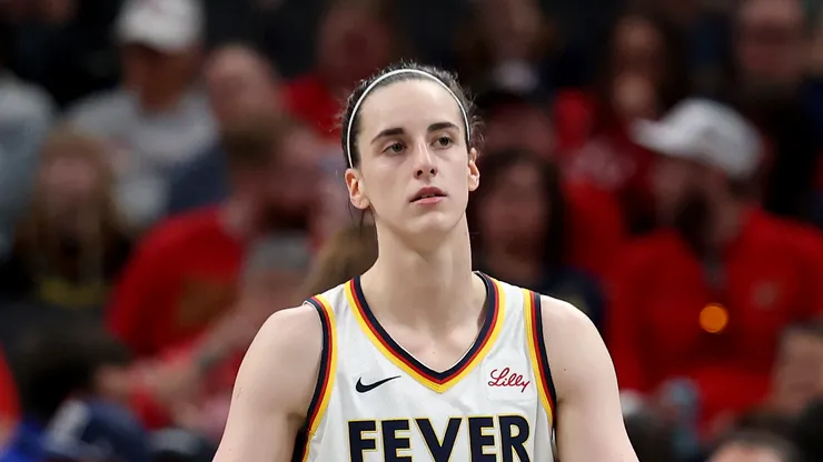 Caitlin Clark #22 of the Indiana Fever is disappointed after a turnover against the New York Liberty at Gainbridge Fieldhouse