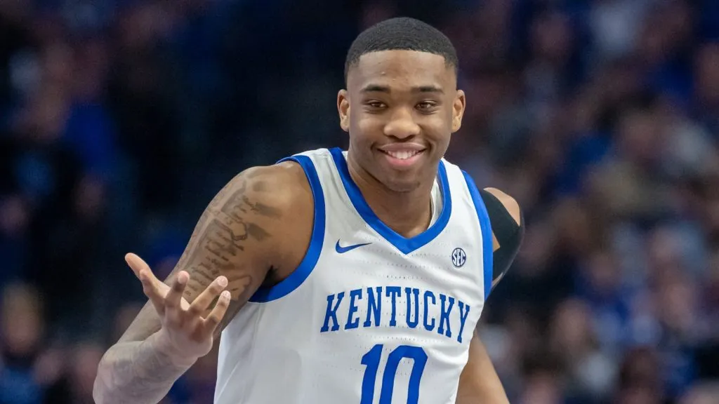Brandon Garrison #10 of the Kentucky Wildcats reacts after a three point basket during the first half against the LSU Tigers at Rupp Arena on March 4, 2025 in Lexington, Kentucky.