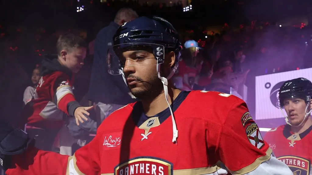 Seth Jones #3 of the Florida Panthers greets fans as he walks to the ice prior to Game Three of the First Round of the 2025 Stanley Cup Playoffs against the Tampa Bay Lightning at Amerant Bank Arena on April 26, 2025 in Sunrise, Florida.