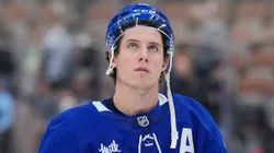 Mitch Marner #16 of the Toronto Maple Leafs looks on following a 5-1 loss against the St. Louis Blues at Scotiabank Arena on October 24, 2024 in Toronto, Ontario, Canada.
