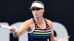 Mirjana Lucic-Baroni of Croatia plays a forehand in her match against Alize Cornet of France during day three of the 2018 Brisbane International at Pat Rafter Arena on January 2, 2018 in Brisbane, Australia.