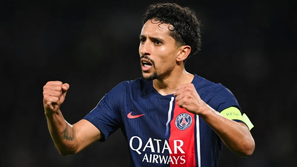 Marquinhos of Paris Saint-Germain reacts during the UEFA Champions League match between Paris Saint-Germain and AC Milan at Parc des Princes on October 25, 2023. (Source: David Ramos/Getty Images)